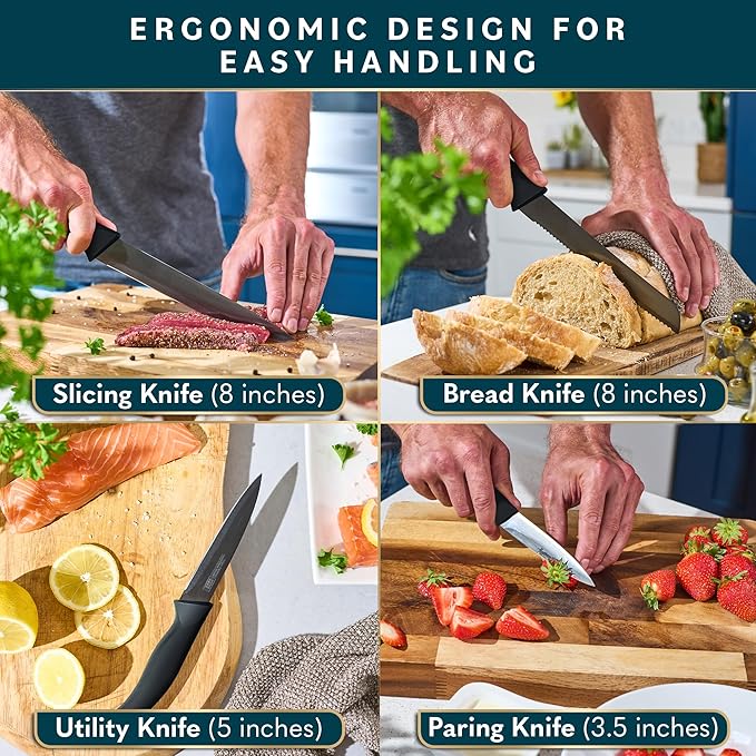 Home Hero Kitchen Knife Set - 15 PCS Black Knife Set with Block and Sharpener - Stainless Steel Knife Set - Ergonomic Handles - Includes Steak Knives Set of 6 - Knife Block Set for Kitchen
