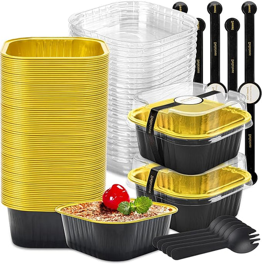 60 Pack Mini Cake Pans with Lids Foil Pans Square Aluminum Pans with Lids Cupcake Liners for Birthday Wedding Party Gift (Black Gold, 5 oz)