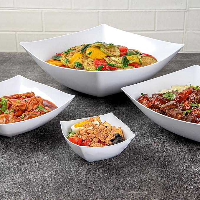 Restaurantware-Moderna 8 Ounce Fancy Plastic Bowls, 10 Square Disposable Salad Bowls - Durable, Heavy-duty, White Plastic Bowl, For Warm And Cold Foods