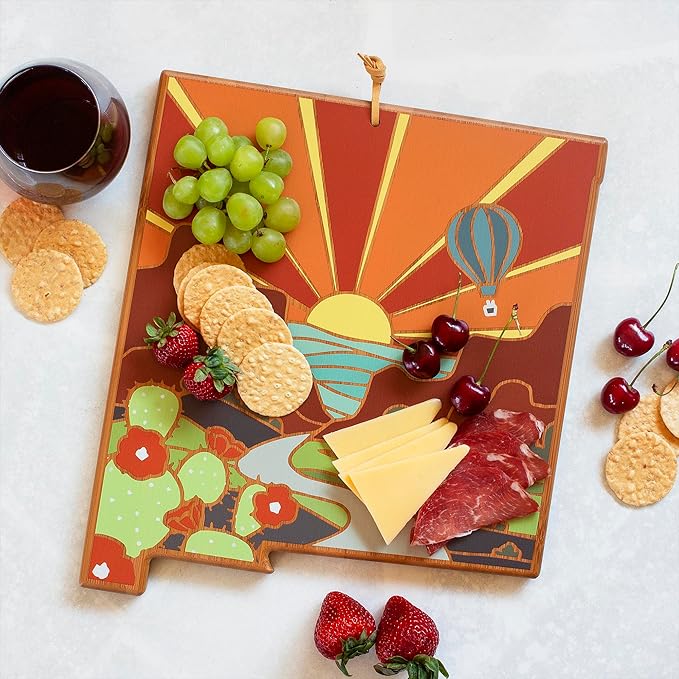 Totally Bamboo New Mexico State Shaped Cutting Board and Charcuterie Serving Platter with Artwork by Summer Stokes, Includes Hang Tie for Wall Display