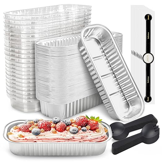 50 PACK Mini Cake Pans with Lids and Spoons, Rectangular Aluminum Foil Bread Pan, Mini Loaf Pans and Food Containers with Lids(Silver, 6.8oz)