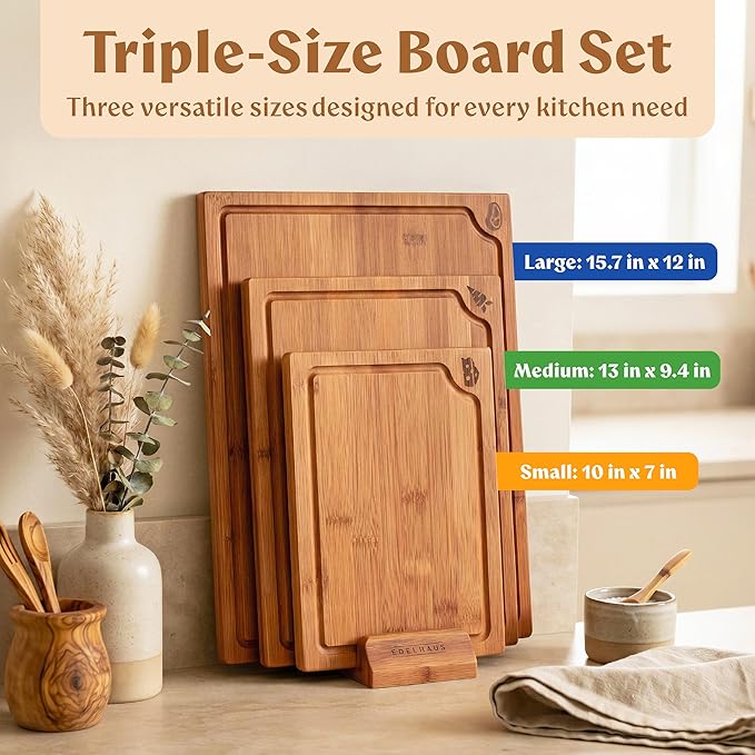 Carbonized Bamboo Cutting Boards – Cutting Board Set of 3 Heat Treated for Rich Color & Lower Moisture Absorption, Chopping Boards with Juice Groove, Non-Toxic, FSC Certified incl. Stand