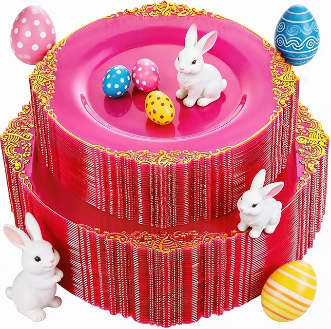 102PCS Clear Hot Pink Plastic Plates - Pink Disposable Plate with Gold Rim - Hot Pink Party Plates Easter Include 51PCS 7.5inch Dessert & 10.25inch Dinner Plate for Wedding Birthday Party