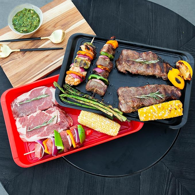 AVIEUS Grill Prep and Serve Trays | Set of 2 Stackable, Melamine Trays | Serving Tray & Marinating Tray | Serving Platter for Plating Food & BBQ Prep Tub for Marinating Meats | Grill Accessories |