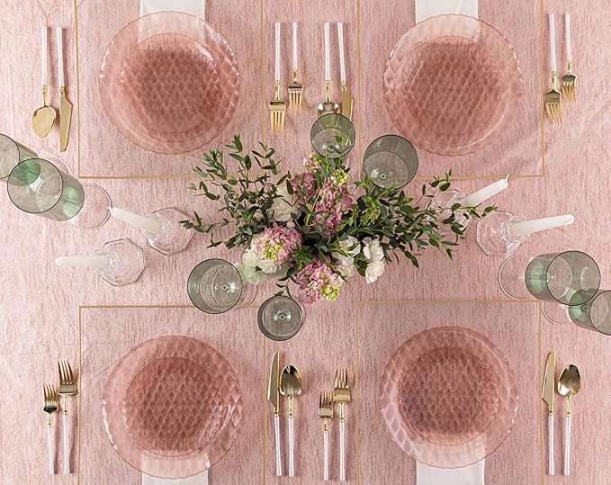 PLASTICPRO 32 Pack Plastic Dishes Set of 16-10 inch Plates and 16-7 inch Plates, Elegant Translucent Rose Color Disposable Fancy Tableware Premium Heavyweight