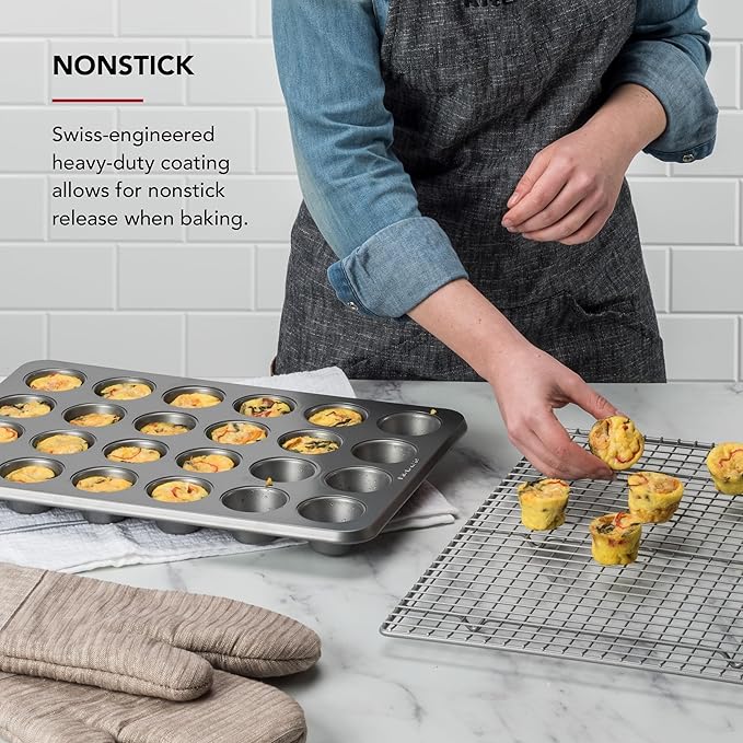 KitchenAid 24-Cup Nonstick Aluminized Steel Mini Muffin Pan, Contour Silver (Pack of 6)
