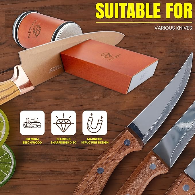 DAZEN Rolling Knife Sharpener Kit – Durable Knife Sharpening System – 15° and 20° Magnetic Angle – Diamond & Ceramic Honing Discs – Elegant Gift for Chefs & Cooks – Suitable for Kitchen Knives