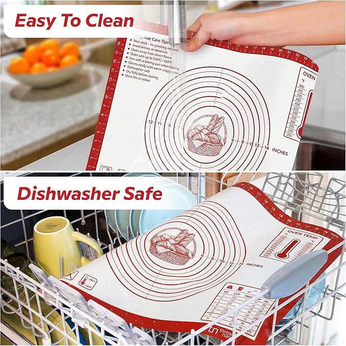 Silicone Pastry Mat Non Stick Extra Large 28x20 - Rolling Mat for Dough with Measurements - Pie Crust Bread Pizza Cookie Baking Mat - Dishwasher Safe (Red)