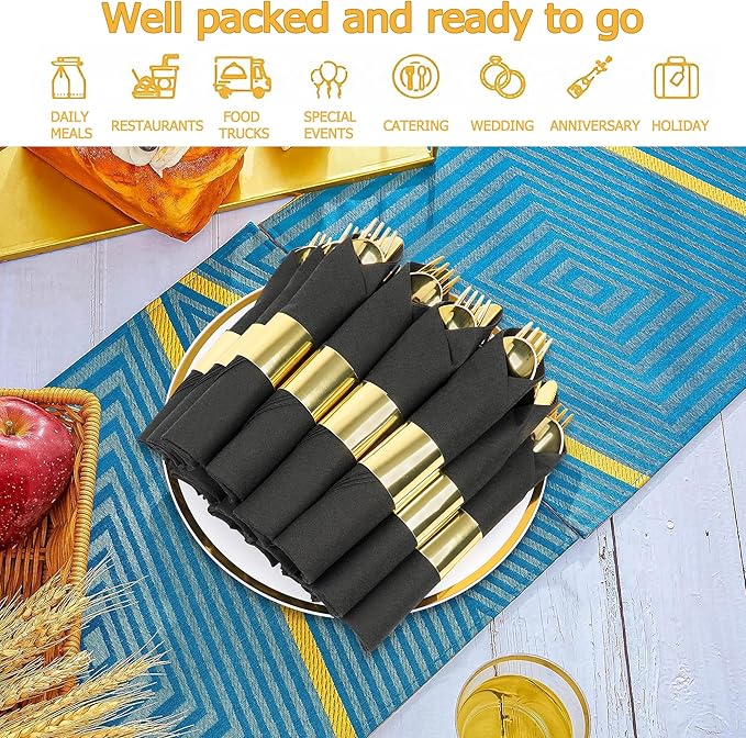 60 Pack Pre Rolled Gold Plastic Silverware Set,Wrapped Plastic Cutlery Set with Napkin Include 60 Forks,60 Spoons,60 Knives and 60 Black Napkins for Party, Wedding,Christmas