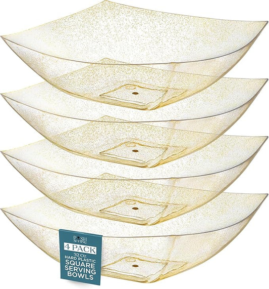 Posh Setting - Gold Glitter Plastic Serving Bowls for Party (32oz - 4 Pack) Square, Disposable, Candy Containers for Candy Buffet