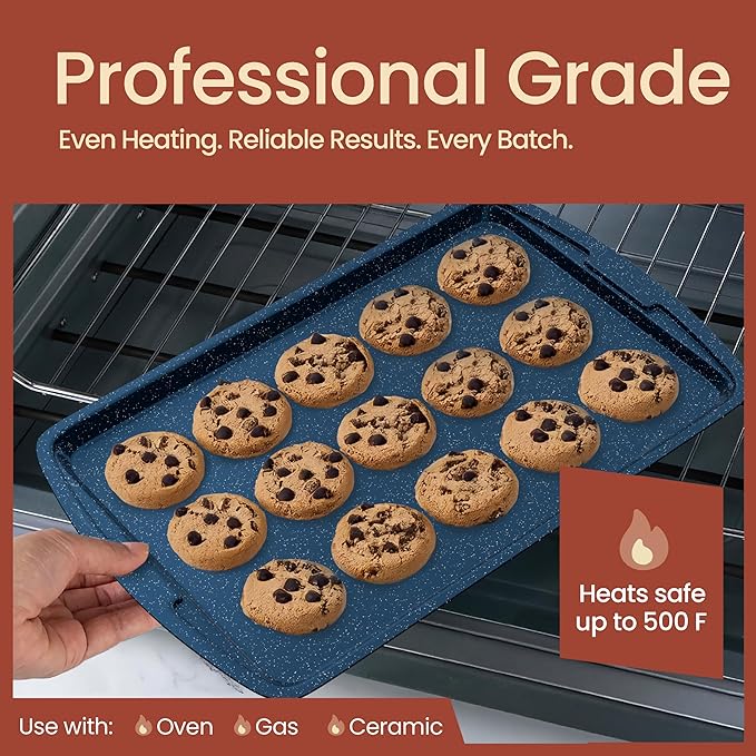 BAKKEN Kitchen Baking Pan Set - Nonstick Coating, Commercial Grade Carbon Steel Bakeware Sets, Baking Kitchen Essentials, PFOA, PFOS, PTFE Free, Oven Safe Tray (Up To 450° F), Set of 3, Blue Marble