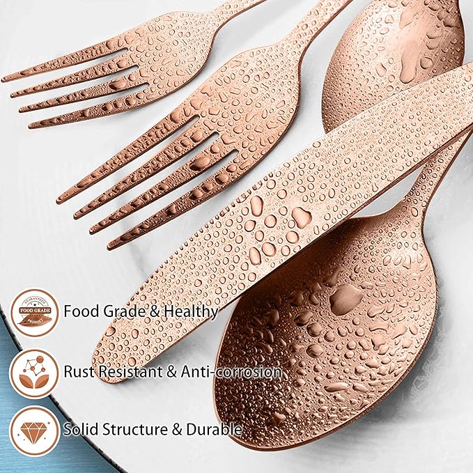 LIANYU 40 Piece Matte Copper Silverware Set, Stainless Steel Rose Gold Flatware Cutlery Set for 8, Fancy Kitchen Utensil Tableware for Home Restaurant Party, Satin Finish, Dishwasher Safe