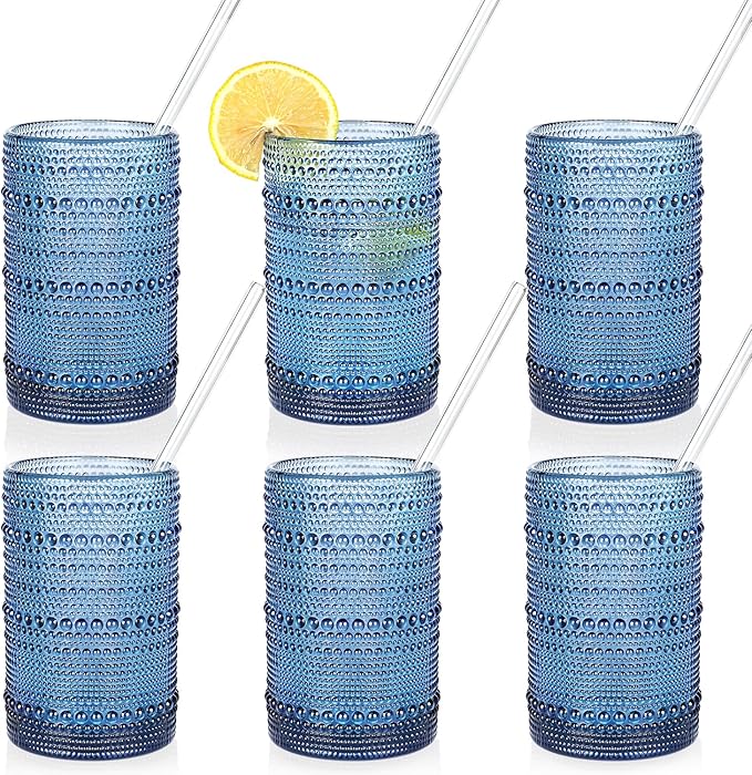 Large Hobnail Drinking Glasses Set of 6, 15oz Blue Vintage Glassware, Embossed Glass Cups, Water Tumbler, Highball Glasses For Beer, Juice And Various Mixed Drinks