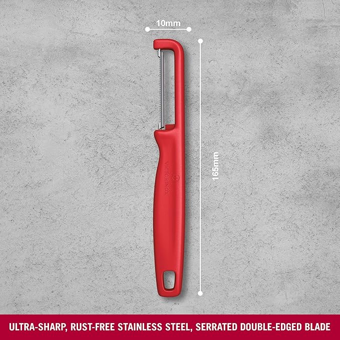 Victorinox Iota Peeler for Vegetables, Fruits, Serrated Edge, Extra Sharp, Swiss Made, Red