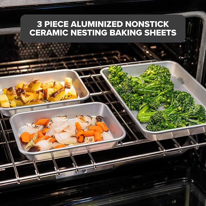 Viking Premium Nonstick Ceramic Baking Sheet Pan Set, Made without PFAS, 3-Piece Heavy Gauge Aluminized Steel Cookie Sheets with Reinforced Iron Frame, 9 and 13-Inch Baking Pans, Oven Safe to 475F