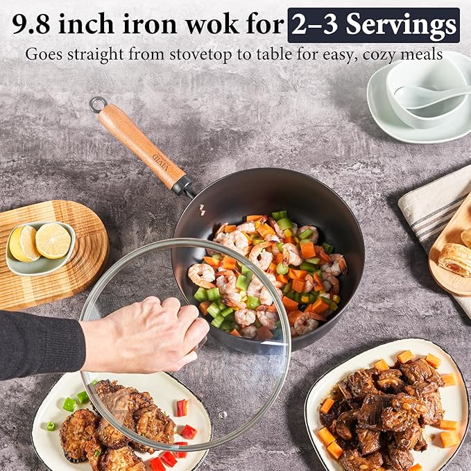 Carbon Steel Wok Pan 9.8", 4QT Deep Wok with Lid, Flat Bottom Wok Pan with Wooden Handle for Stir Fry, Soup, Braising & Noodles, Uncoated Carbon Steel Pan for Gas, Electric & Induction