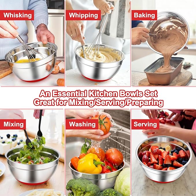 TeamFar Mixing Bowls, Red Mixing Bowls with Lids Set, Stainless Steel Nesting Salad Bowl with Air-tight Lid & Silicone Bottom, Non Slip & Stackable - Set of 6-4.6/2.6/2 / 1.5/1 / 0.7 Qt