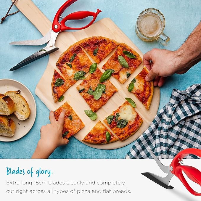 Dreamfarm Scizza 2-In-1 Easy Ergonomic Pizza Scissors with Stainless Steel Pizza Cutter Blades & Non-Stick Slice Server - Red