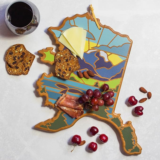 Totally Bamboo Alaska State Shaped Cutting Board and Charcuterie Serving Platter with Artwork by Summer Stokes, Includes Hang Tie for Wall Display