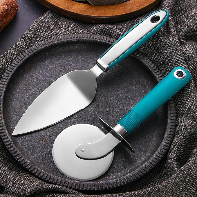 Webake Pizza Cutter Wheel Pie Serve Set, Large Pizza Slicer Stainless Steel Pie Cake Cutter with Non-slip Green Handle, Ideal for Cake Pizza Pies Dough Fudge