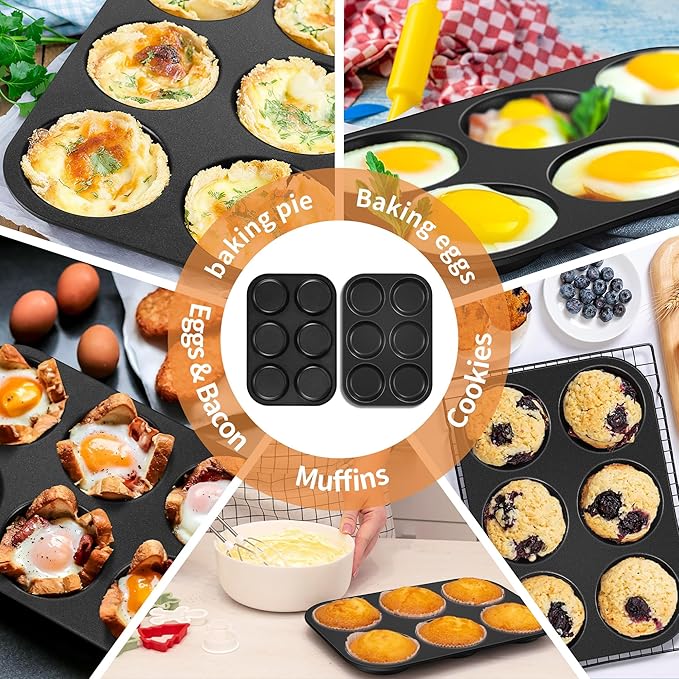 P&P CHEF Muffin Top Pan Set of 1, Stainless Steel 6-Cavity Shallow Cupcake Pans, Standard Bakeware for Eggs, Whoopie Pies, Cornbread, Cookies, Yorkshire Pudding, Easy Clean & Oven Safe, Black