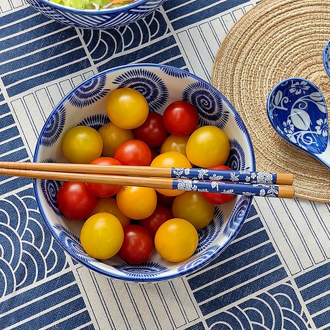 Japanese 28 Oz Ceramic Ramen Noodle Soup Cereal Pho Rice Salad Bowl Set with Chopsticks and Spoons, Premium Gift Set for House Warming, Birthday, Holiday, Microwave Safe, Dishwasher Safe
