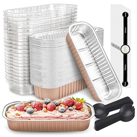 50 PACK Mini Cake Pans with Lids and Spoons, Rectangular Aluminum Foil Bread Pan, Mini Loaf Pans and Food Containers with Lids(Champagne, 6.8oz)