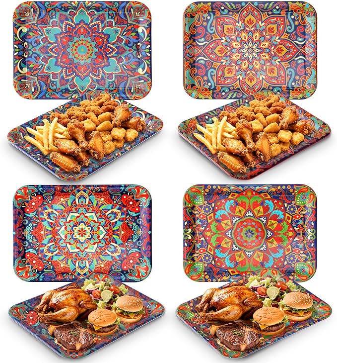 Vesici 4 Pack Mandala Melamine Serving Trays, 13 x 10 Inch Rectangular Decorative Platters with Colorful Bohemian Patterns, Durable Serving Plates for Snacks, Appetizers, Parties & Home Decoration