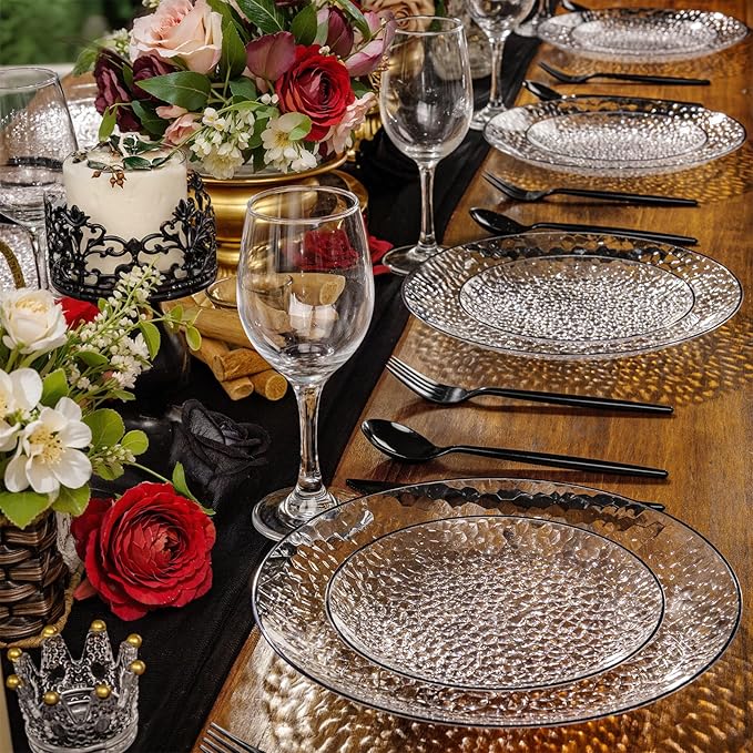 Rubtlamp 60Pcs Black Plastic Plates, Black Heavy Duty Graduation Plastic Plates, Clear Disposable Party Plates, Hammered Fancy Plates Include 30 Dinner Plates, 30 Salad Plates For Graduation Party