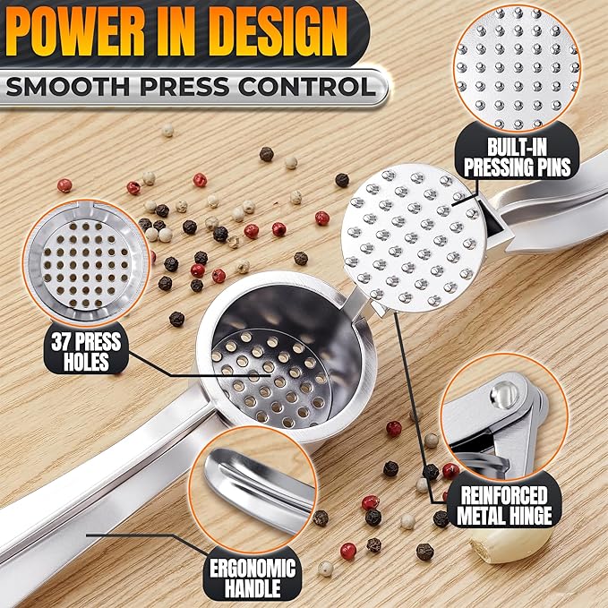 Stainless Steel Garlic Press - Ginger Mincer with 37 Built-In Studs for Maximum Extraction, for Garlic, Ginger and Soft Nuts - Ergonomic Handle, Dishwasher Safe and Rust-Resistant, No Peel Needed