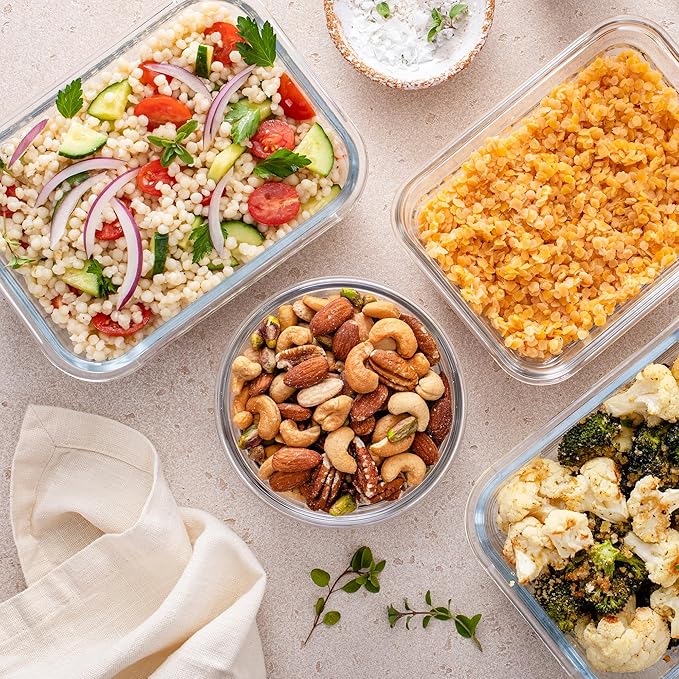 Freshware Glass Storage Containers with Lids, 24 Pieces, 12 Containers with 12 Lids, Glass Meal Prep Container for Lunch, Food Storage Containers, Leak Proof, Freezer Safe, Grey