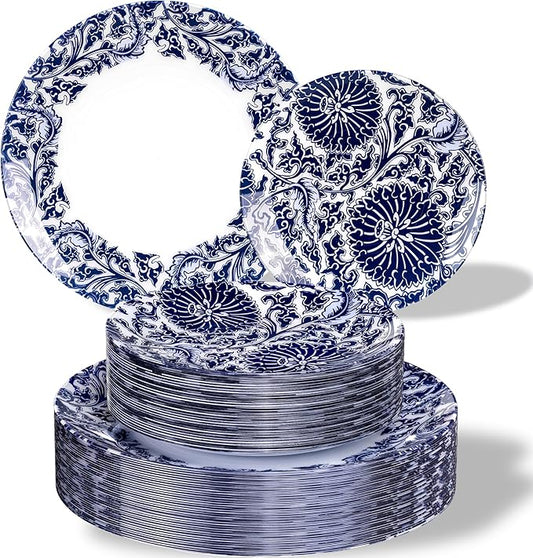 Hioasis 60pcs Plastic Disposable Plates Set - Blue Dandelion & Blue Leaf Pattern, 10.25 Dinner & 7.5 Dessert Plates for Wedding,Anniversary,Party and Holiday