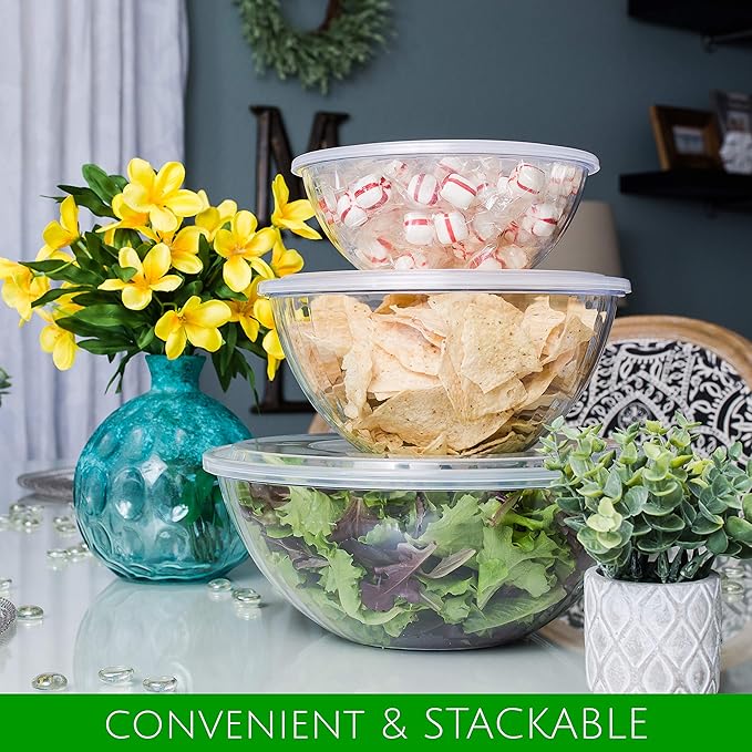 PLASTICPRO Disposable Round Crystal Clear Serving Bowls With Lids - Party Snack or Salad Bowl, Plastic Chip Bowl, Candy Dish (2, 96 OUNCE)