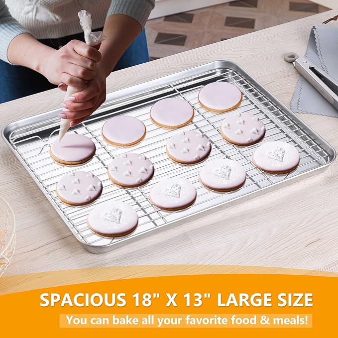 Homikit Baking Sheet with Rack Set (2 Pans+2 Racks), 18x13 Inches Stainless Steel Half Cookie Sheets with Cooling Racks Non Toxic, Large Bacon Crisp Trays for Oven Baking Cooking, Dishwasher Safe