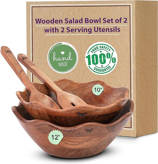 Melvvi Large Wooden Salad Bowl Set of 2 with 2 Serving Utensils | 10" &12 inch Extra Large Acacia Wood Serving Bowls | Great gift for mothers (Natural Set of 4)