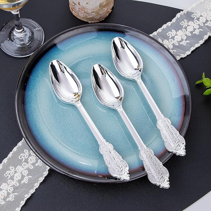 WDF 100 Piece Silver Plastic Spoons Disposable - 6.93 Inch Baroque Silver Silverware for Dessert Cake - Heavy Duty Plastic Spoons for Party Wedding Daily Using Baby Shower Spring