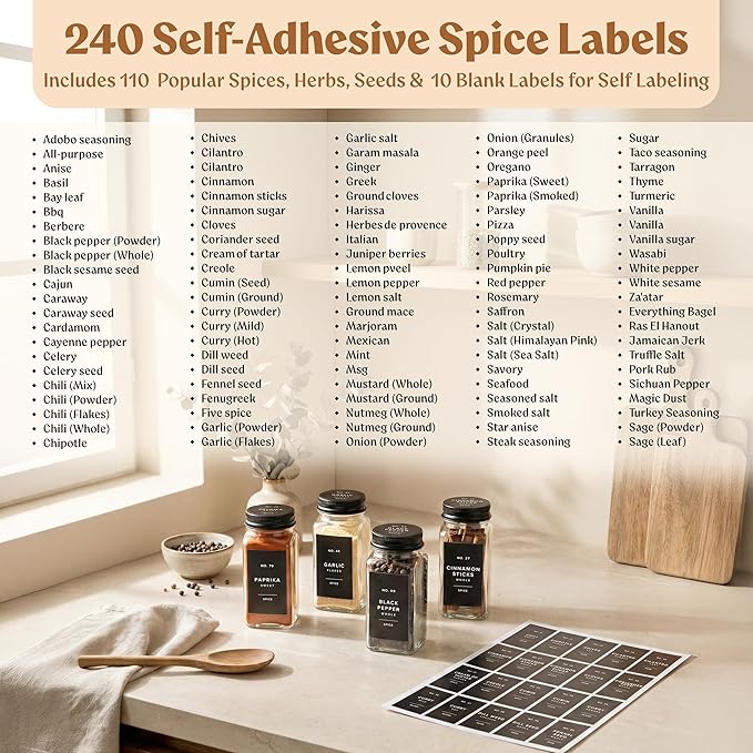Glass Spice Jars with Label and Black Aluminium Lids (24 x 4oz) Spice Containers with 240 Labels, Shaker Inserts, Steel Funnel, Empty Square Seasoning Organizer (Black Aluminium Lid)