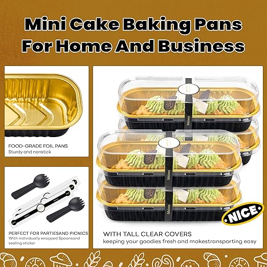 100 Pack Mini Cake Pans with Lids and Spoons Black Gold Rectangular Aluminum Foil Baking Pans Mini Cheesecake Containers(6.8oz)