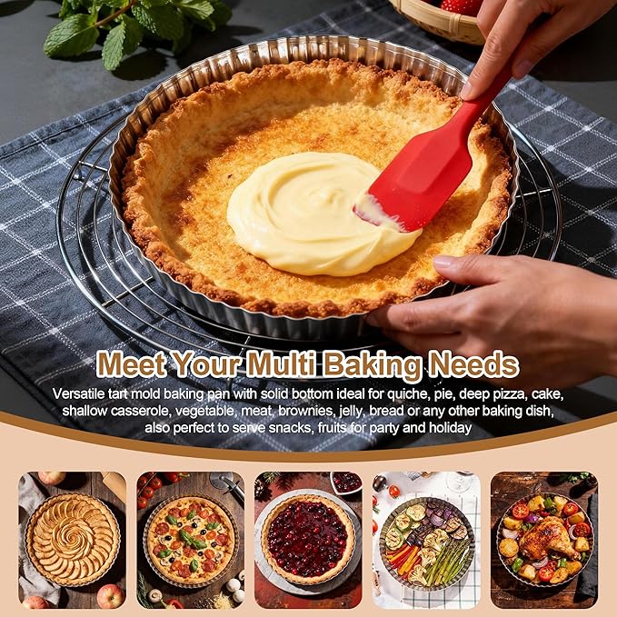 E-far 9.5 Inch Pie Pans, Stainless Steel Pie Baking Dish Tart Quiche Pan for Oven Baking, 2-Piece Round Pie Plate Tins with Fluted Edge & Seamless Bottom, No Leakage and Dishwasher Safe, Mirror Silver