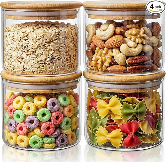17oz - 4 Pack Glass Jars with Bamboo Lids, Glass Food Storage Containers with Airtight Lids, Air Tight Pantry Storage Containers for Coffee, Sugar, Spice, Meal Prep Jars for Salad & Fruit