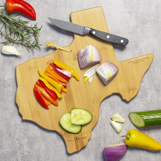 Totally Bamboo Texas State Shaped Cutting Board and Charcuterie Serving Platter with Artwork by Summer Stokes, Includes Hang Tie for Wall Display 14" x 13-3/8" x 5/8"
