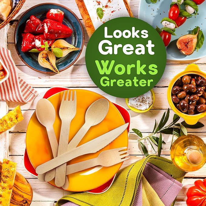 Weemium Disposable Wooden Cutlery Set - 300 Count (100 Forks, 100 Knives, 100 Spoons) – Plastic-free Packaging - Biodegradable Silverware and Splinter-free Compostable Utensils for Parties