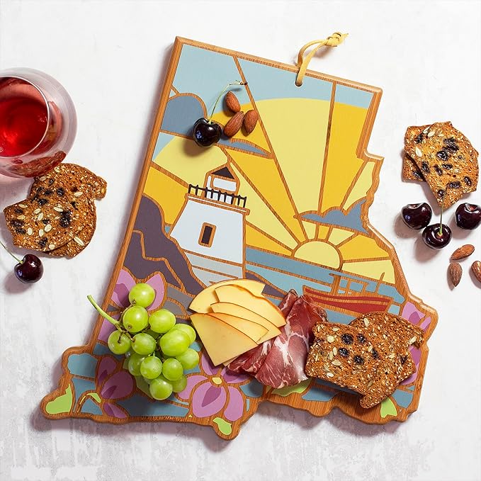 Totally Bamboo Rhode Island State Shaped Cutting Board and Charcuterie Serving Platter with Artwork by Summer Stokes, Includes Hang Tie for Wall Display
