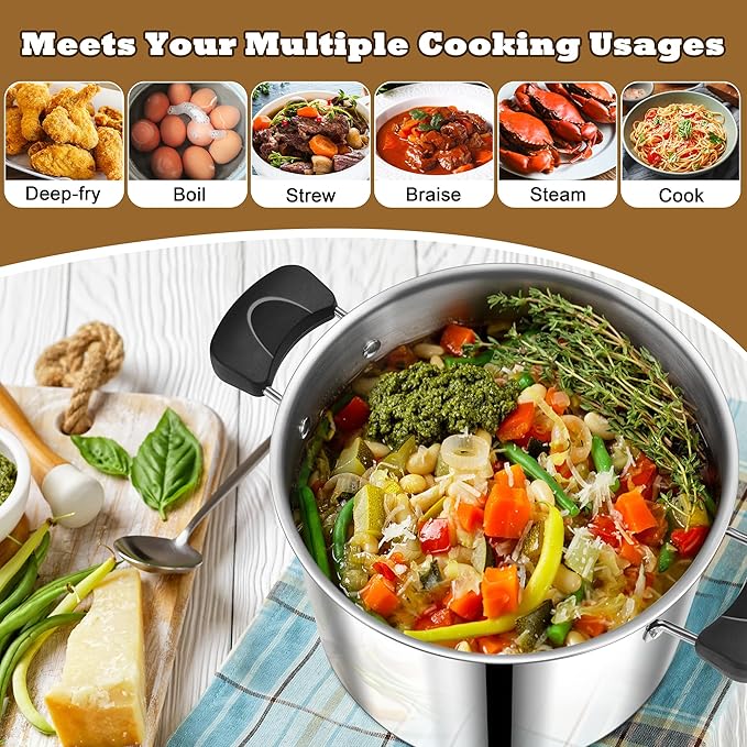12 Quart 3-Ply Cooking Stock Pot with Lid, P&P CHEF Stainless Steel Large Pot for Pasta Soup, Work on Multi Stove, Heavy Duty & Dishwasher Safe, Dual Heat-resistant Handles & Transparent Glass Lid
