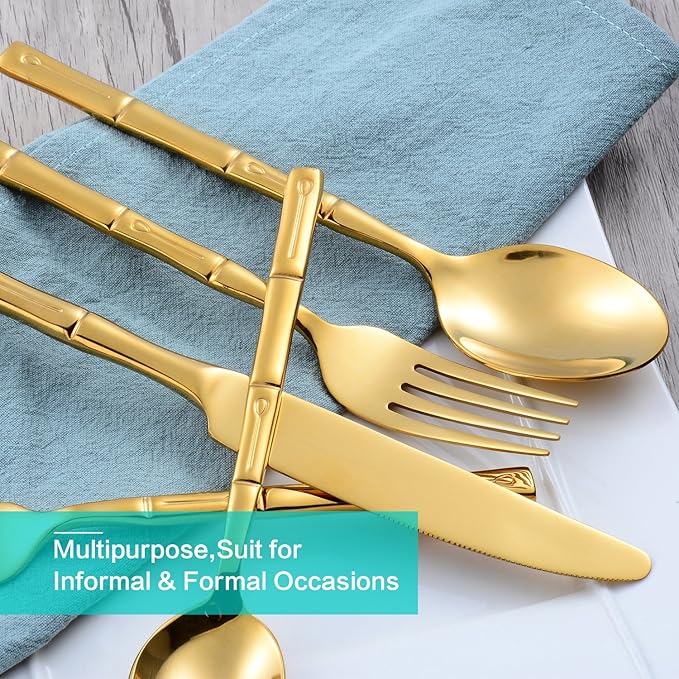 Flatware Set Stainless Steel Gold Silverware Set Cutlery Set Bamboo Pattern Mirror Finished 30 Pieces Home Event Use Wedding Housewarming Gift Service for 6