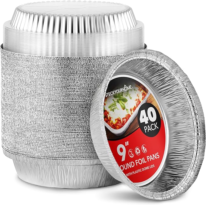 Stock Your Home 9" Round Aluminum Foil Pans with Lids (40 Pack) Pie Tins Disposable 9 Inch with Lid, To-Go Containers for Pies, Cheesecake, Cinnamon Rolls, Flan, 2" Deep Dish Cake Pan for Holidays