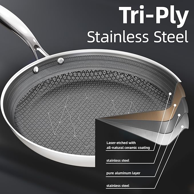 COOKER KING 8-Inch Stainless Steel Pan, Hybrid Nonstick Frying Pan, Skillet, 3-Ply Clad Cookware, Even Heat Distribution, Dishwasher & Oven Safe, with Stay-Cool Handle, Induction Compatible