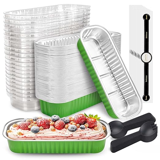 50 PACK Mini Cake Pans with Lids and Spoons, Rectangular Aluminum Foil Bread Pan, Mini Loaf Pans and Food Containers with Lids(Grass Green, 6.8oz)