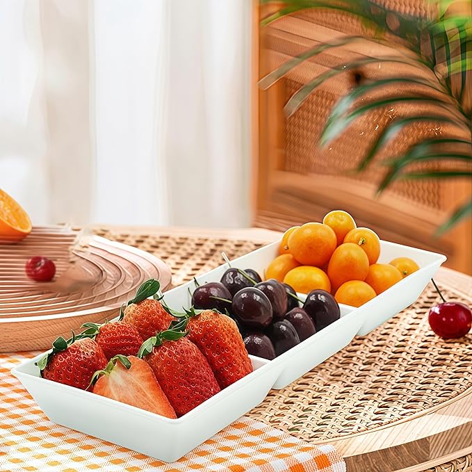 Divided Serving Tray Platter, 2 Pack 15" x 5" Fruit Veggie Food Tray for Party, Plastic Serving Trays for Appetizer, Snack, Dessert, Cookie, Brunch Decorations Platters, White Trays BPA-Free