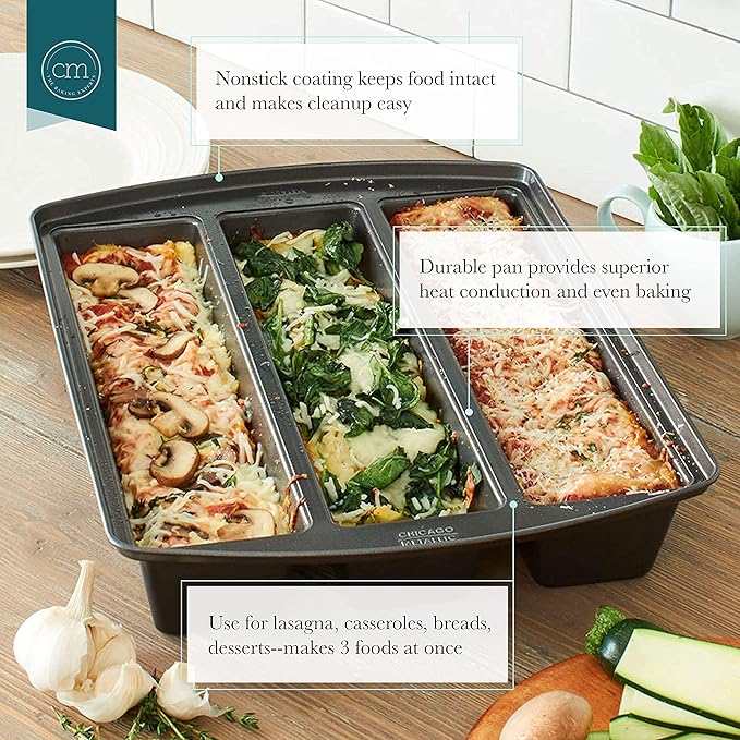 Chicago Metallic Professional Lasagna Trio Pan, Perfect for loaf breads, cakes and more 12.5 by 16 by 3 inches, Silver (Pack of 12)